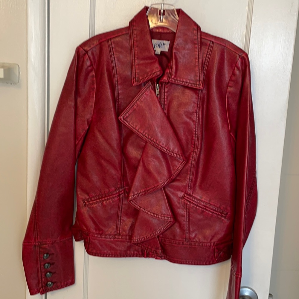 Jolt faux leather jacket, front zip w/ruffle, red, size L